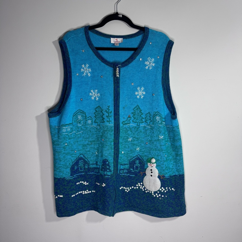 Quacker Factory 2X Blue Snowman Christmas Sweater Vest Zip Front Beaded